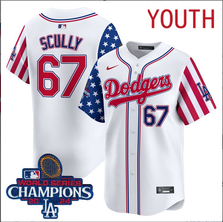 Youth  MLB Los Angeles Dodgers #67 Scully American Style white 2024 World Series Champions  Limited Jersey